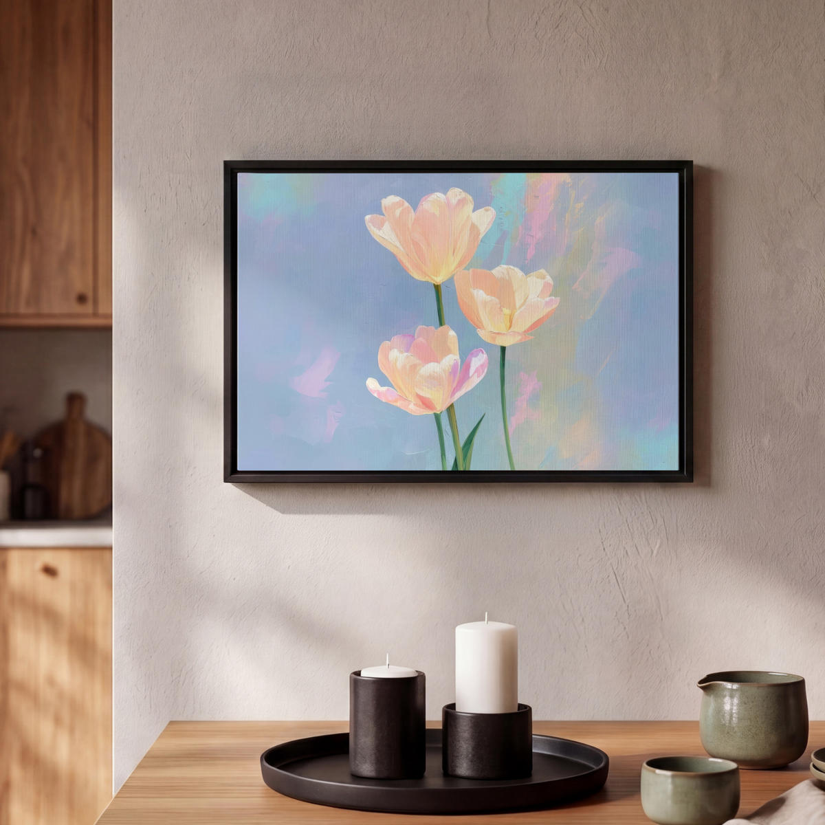 LEINWAND Bilder mit Rahmen - Tulpen - Rosa Akzente - Blau - 30x20 - Pastellblau, Textil (30/20cm) - MuchoWow