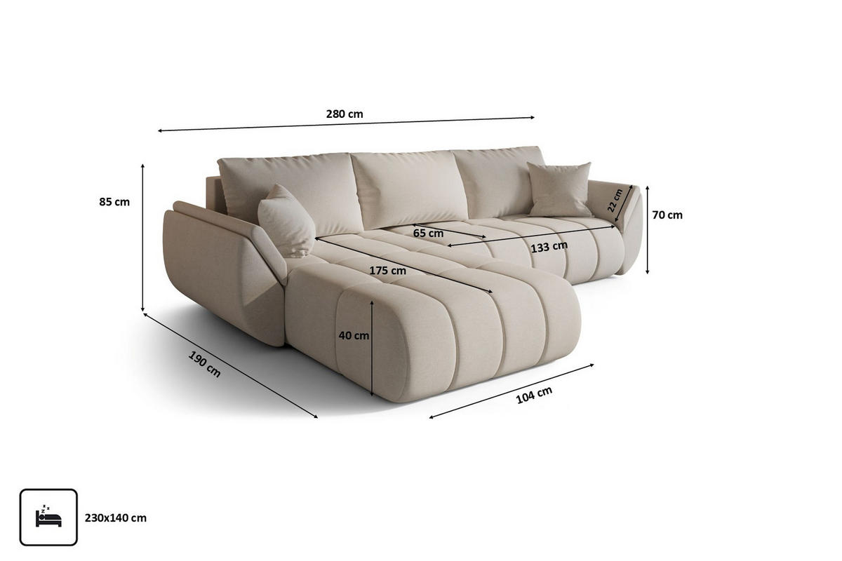 ECKSOFA TOKYO PREMIUM mit Schlaffunktion, Stoff WIND, Beige, Links - Beige, Holz (280/190cm) - Kaiser Möbel