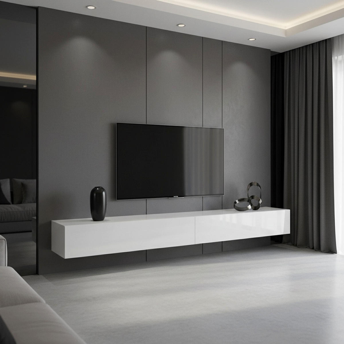 LOWBOARD Lia, hängendes Tv-Board, Moderner Fernsehschrank 330 cm lang Fernsehtisch 2er Set, Weiß matt/Weiß Hochglanz (38,5 x 330 x 30 cm) - Weiß Hochglanz, Holzwerkstoff (330/30/38.5cm) - InnoFurn