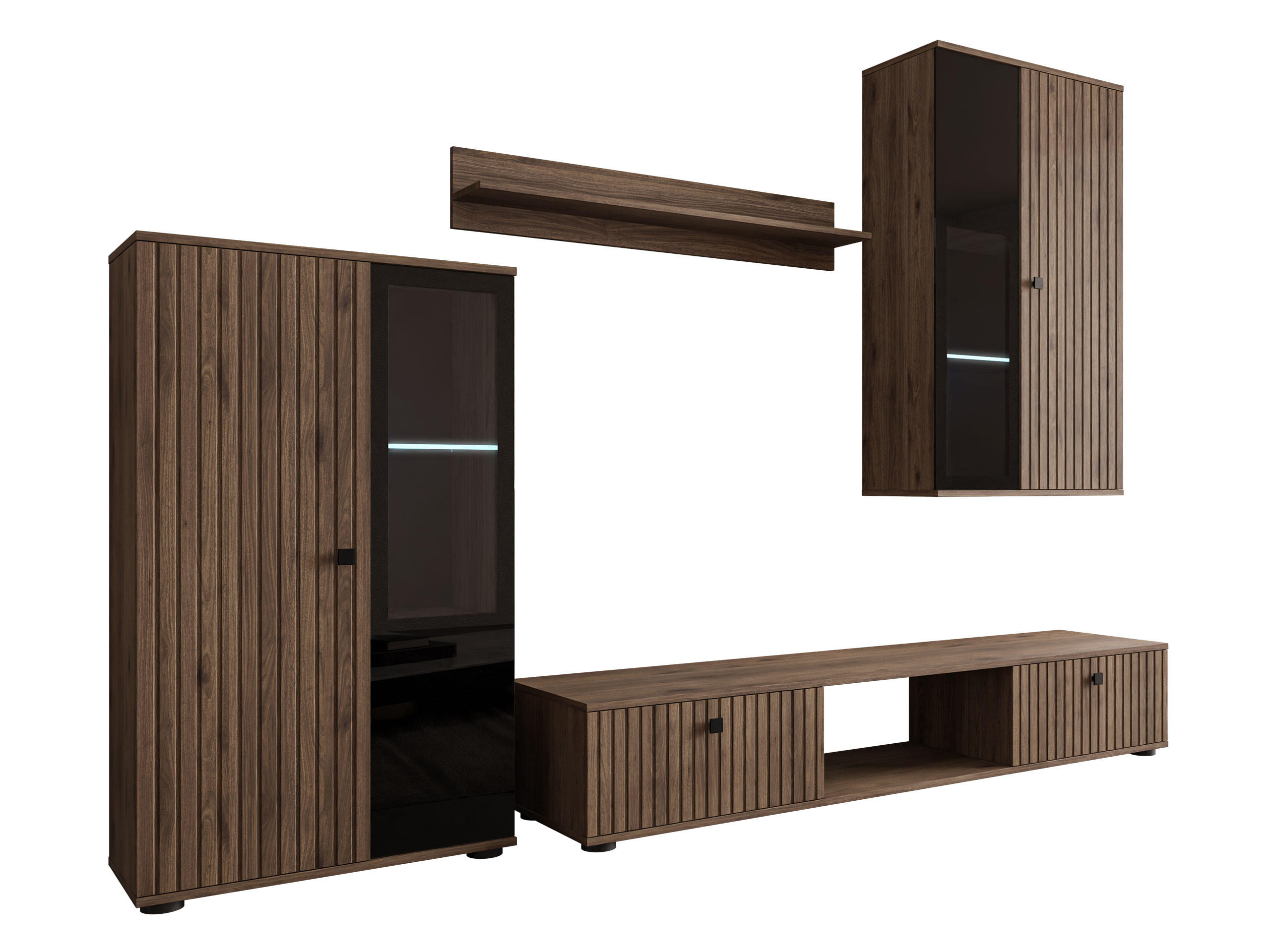 WOHNWAND Salsa II mit blauer LED Beleuchtung - Nussbaumfarben/Schwarz, Holzwerkstoff (235/180/41cm) - MIRJAN24