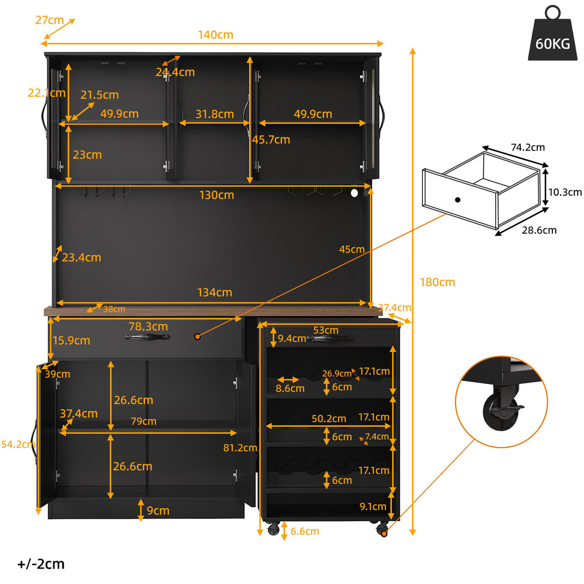 BUFFETSCHRANK Rollwagen Schwarz 140/38/180 cm - Schwarz, Holz (140/180/38cm) - PANGIVO