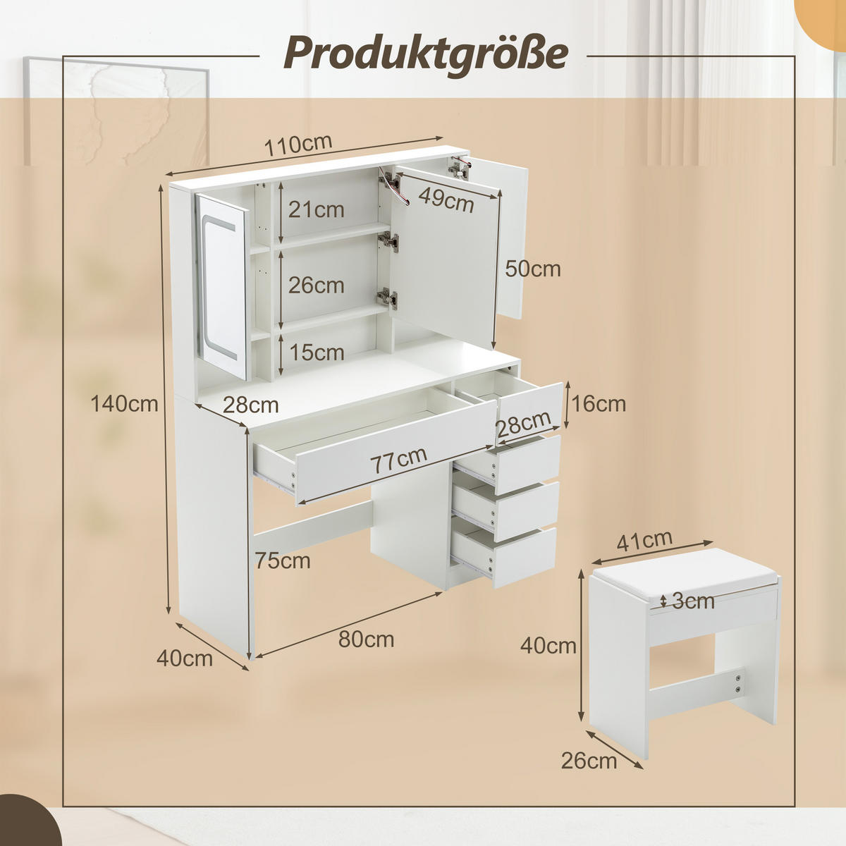 SCHMINKTISCH 80/40/140 cm Weiß mit LED-Beleuchtung und Hocker aus MDF - Weiß, Holzwerkstoff (40/140/110cm) - OKWISH
