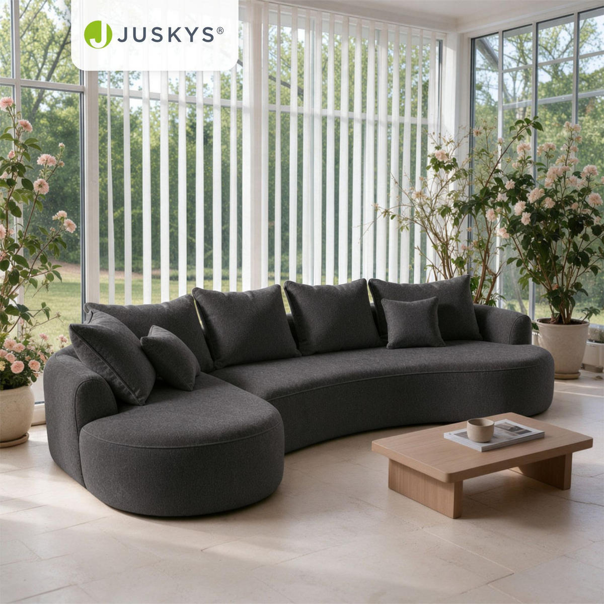 SOFA Tirano Samt Dunkelgrau mit Ottomane links - Dunkelgrau, Textil (102/300cm) - Juskys