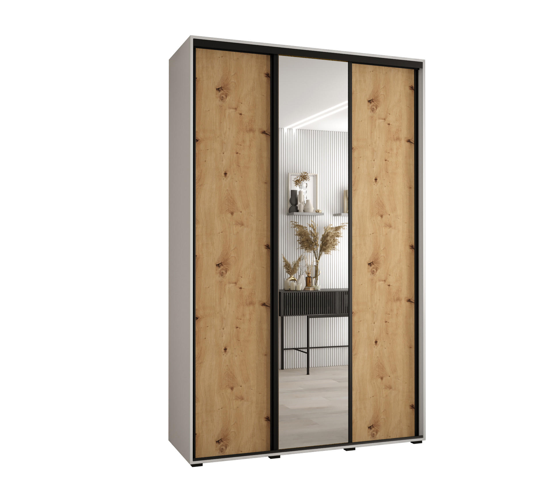 Abiks Möbel Schwebetürenschrank Weiß, Eiche Artisan, Schwarz 150x235x45 cm