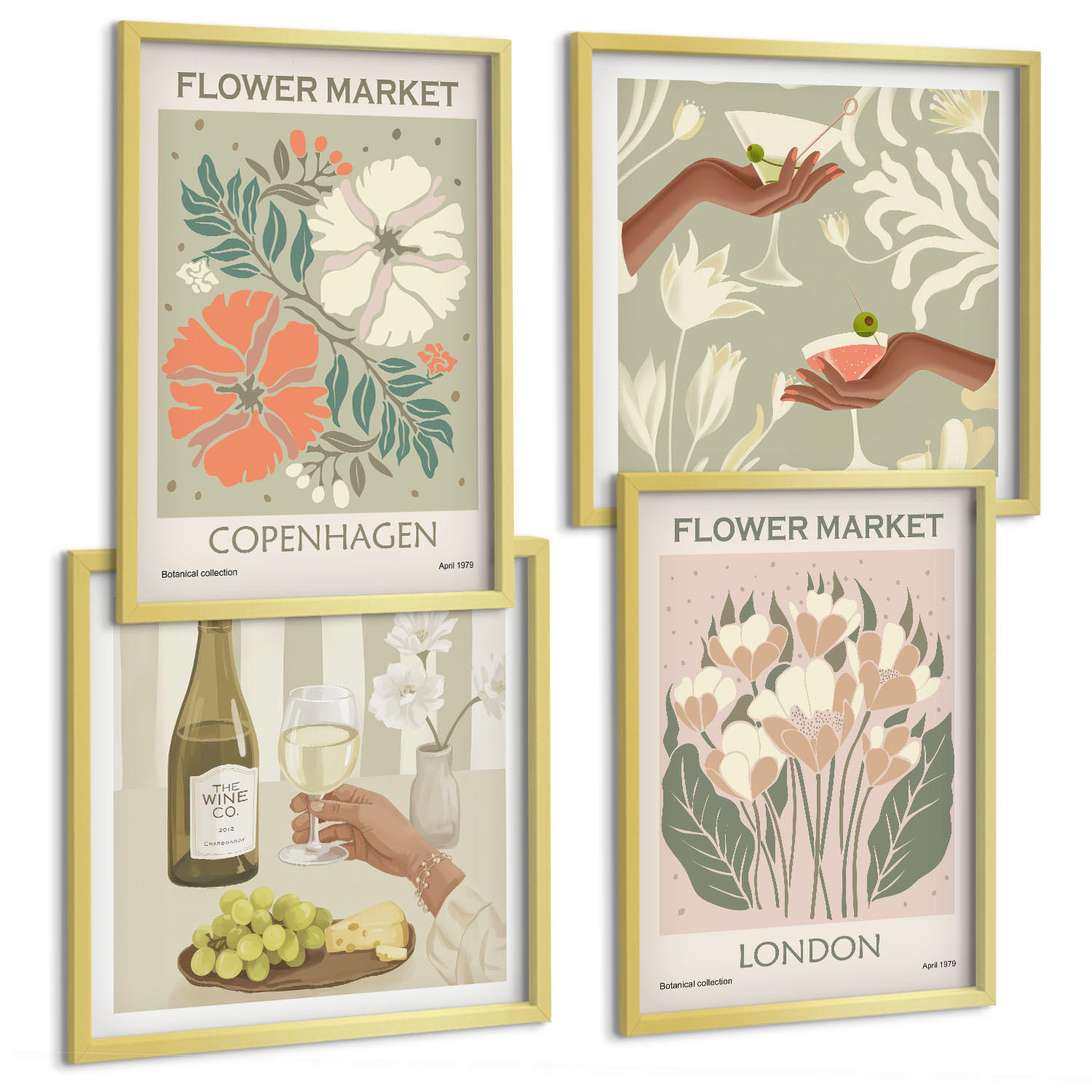 BILDER SET 4er Set - 50x50 cm & 40x60 cm Goldrahmen - Blumenposter Weinstadt - Goldfarben, Kunststoff (50/50cm) - TULUP