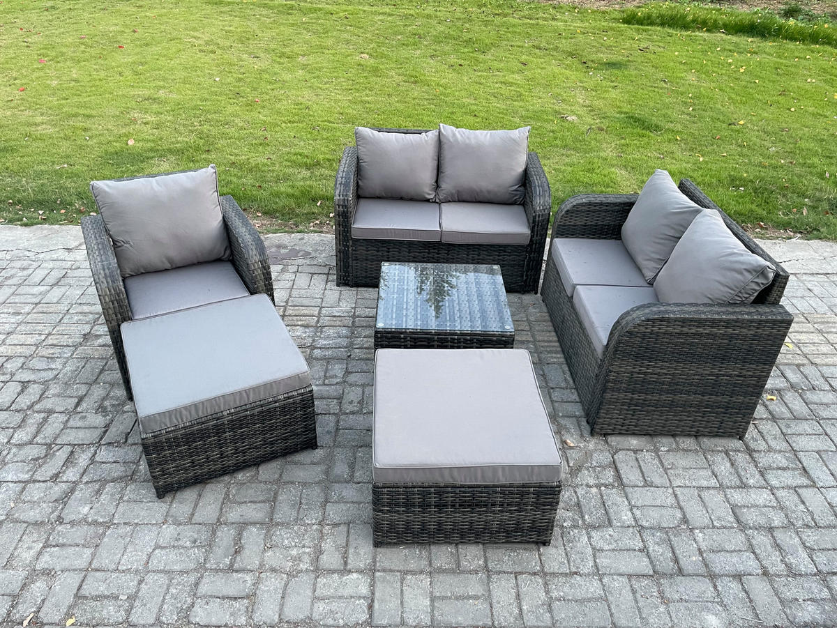 GARTENMÖBEL SET mit COUCHTISCH Polyrattan Dunkelgrau 7-Sitzer - Dunkelgrau/Grau, Glas/Kunststoff - Fimous