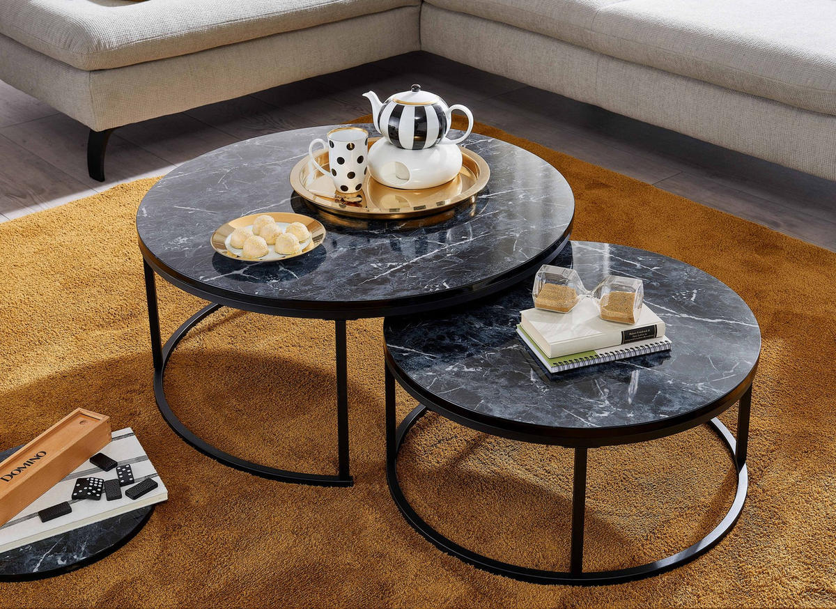 COUCHTISCH 2er Set Marmoroptik Metall Eichenholz Ineinanderschiebbar, Schwarz 80x80x36 cm - Schwarz, Holz/Metall (80/80/36cm) - KADIMA DESIGN