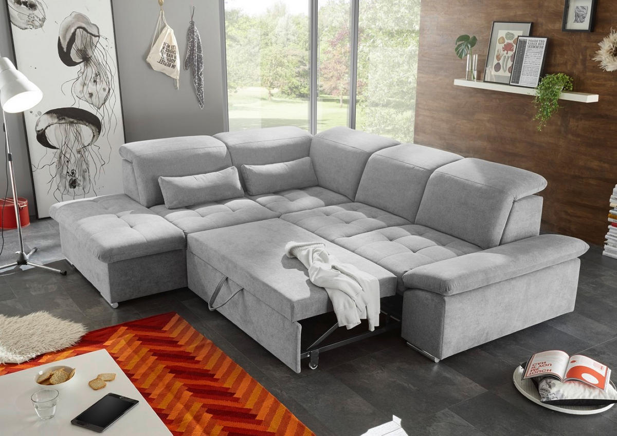 ECKSOFA mit Schlaffunktion mit Bettkasten und verstellbaren Kopf- und Rückenlehnen - Chromfarben/Silberfarben, Textil (276/240cm) - ed exciting design
