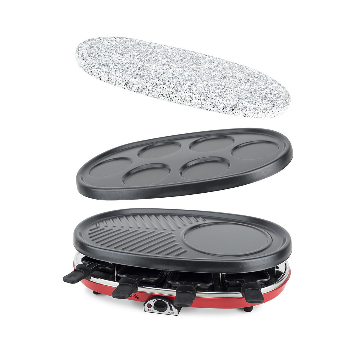 RACLETTE-GERÄT RP418, Rot und Grau, 4 in 1 Raclette für 8 Personen - Grau, Stein (27.7/14/44.6cm) - HKoenig