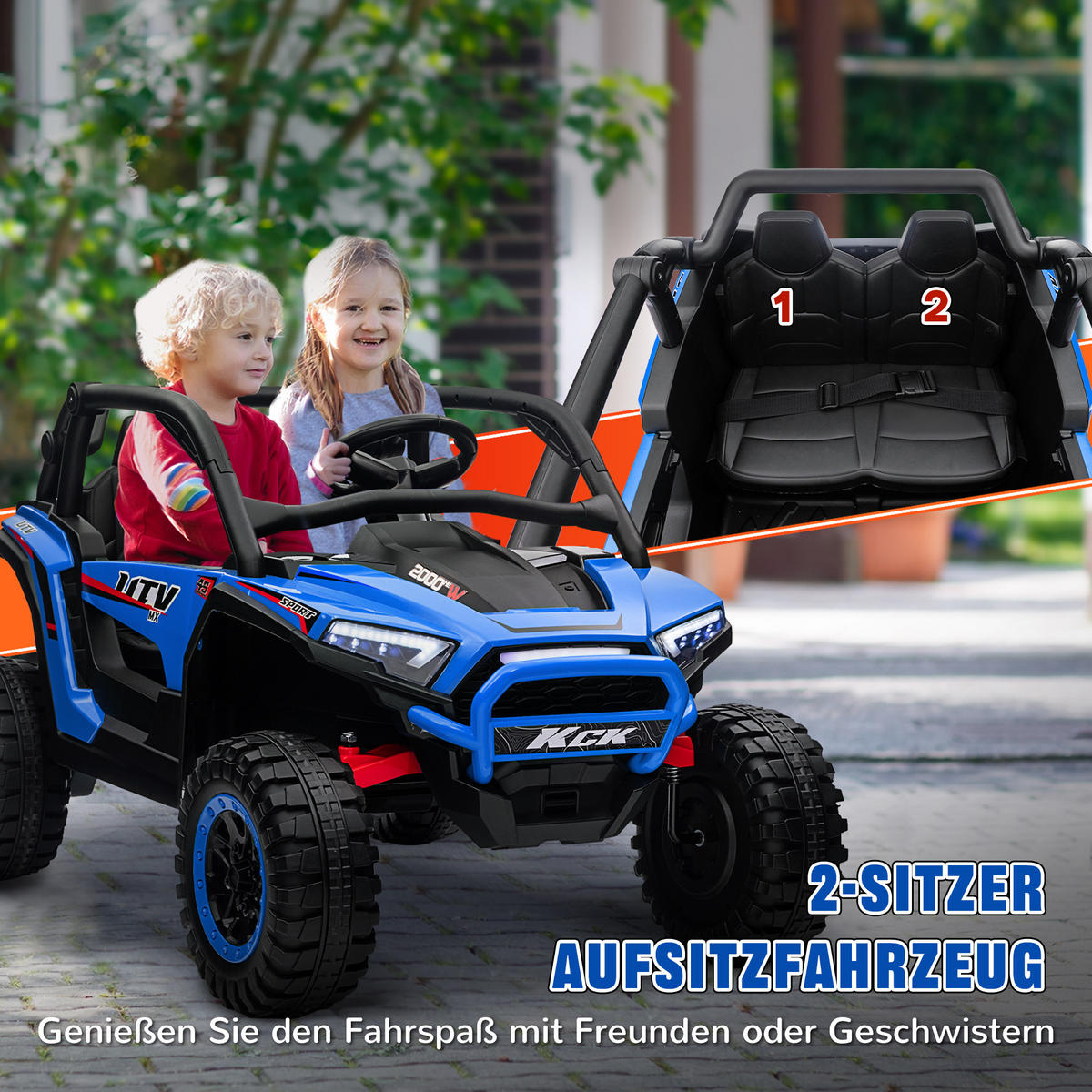 KINDERAUTO Elektro-UTV, 5-7 km/h, 2-Sitzer, Fernbedienung, Musik, Lichter, 1h Fahrtdauer, Blau - Blau, Kunststoff/Metall (117/72/67cm) - AIYAPLAY