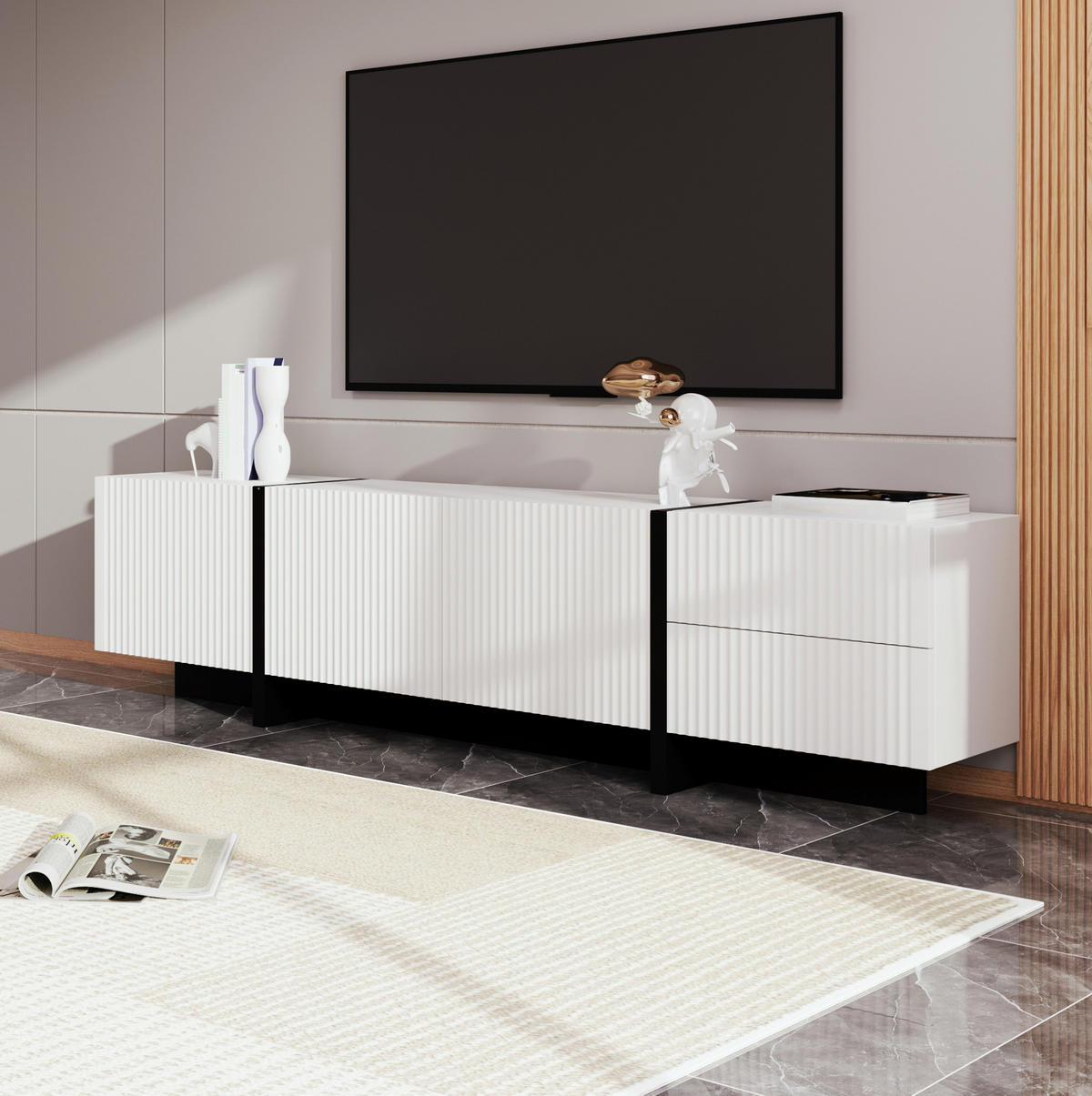 TV-SCHRANK mit 3 Türen und 2 Schubladen 190 cm MDF Schwarz Weiß - Schwarz, Holzwerkstoff (35/45/190cm) - Beauniv