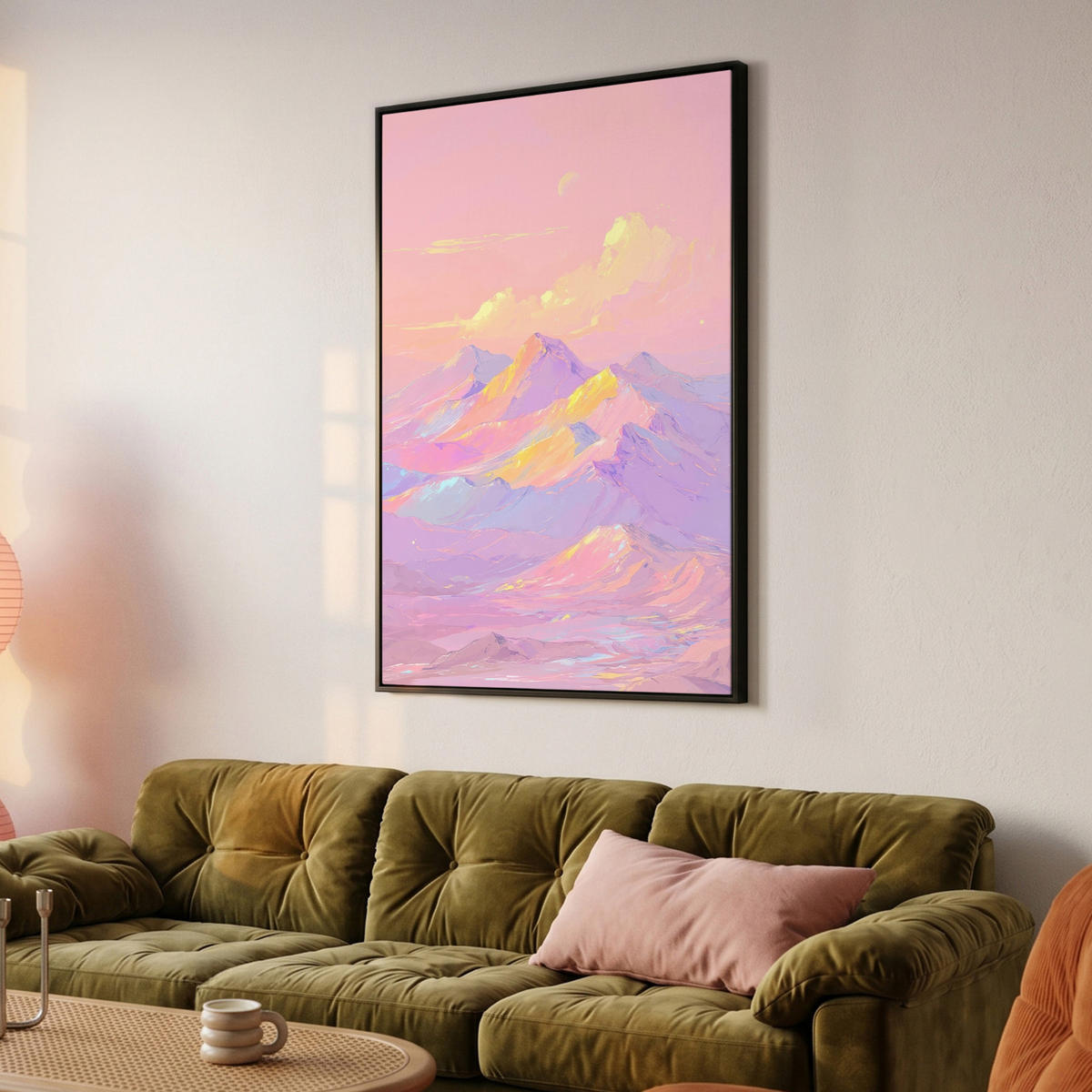 LEINWAND Bilder mit Rahmen - Berggipfel - Wolken - Verträumt - 90x140 - Hellrosa, Textil (90/140cm) - MuchoWow