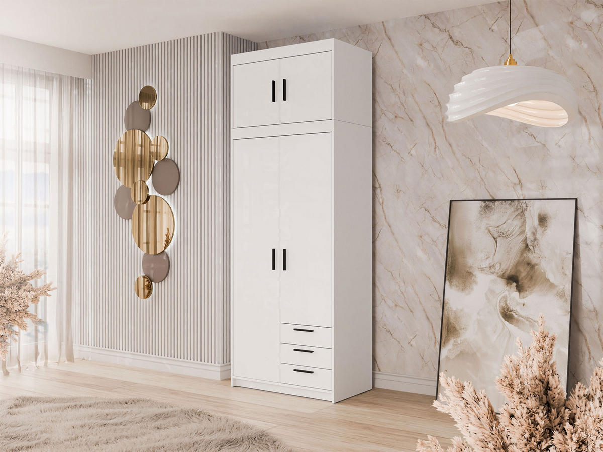 KLEIDERSCHRANK Elena 2D3S + Schrankaufsatz - Schwarz/Weiß, Holzwerkstoff/Kunststoff (90/246/53cm) - MIRJAN24