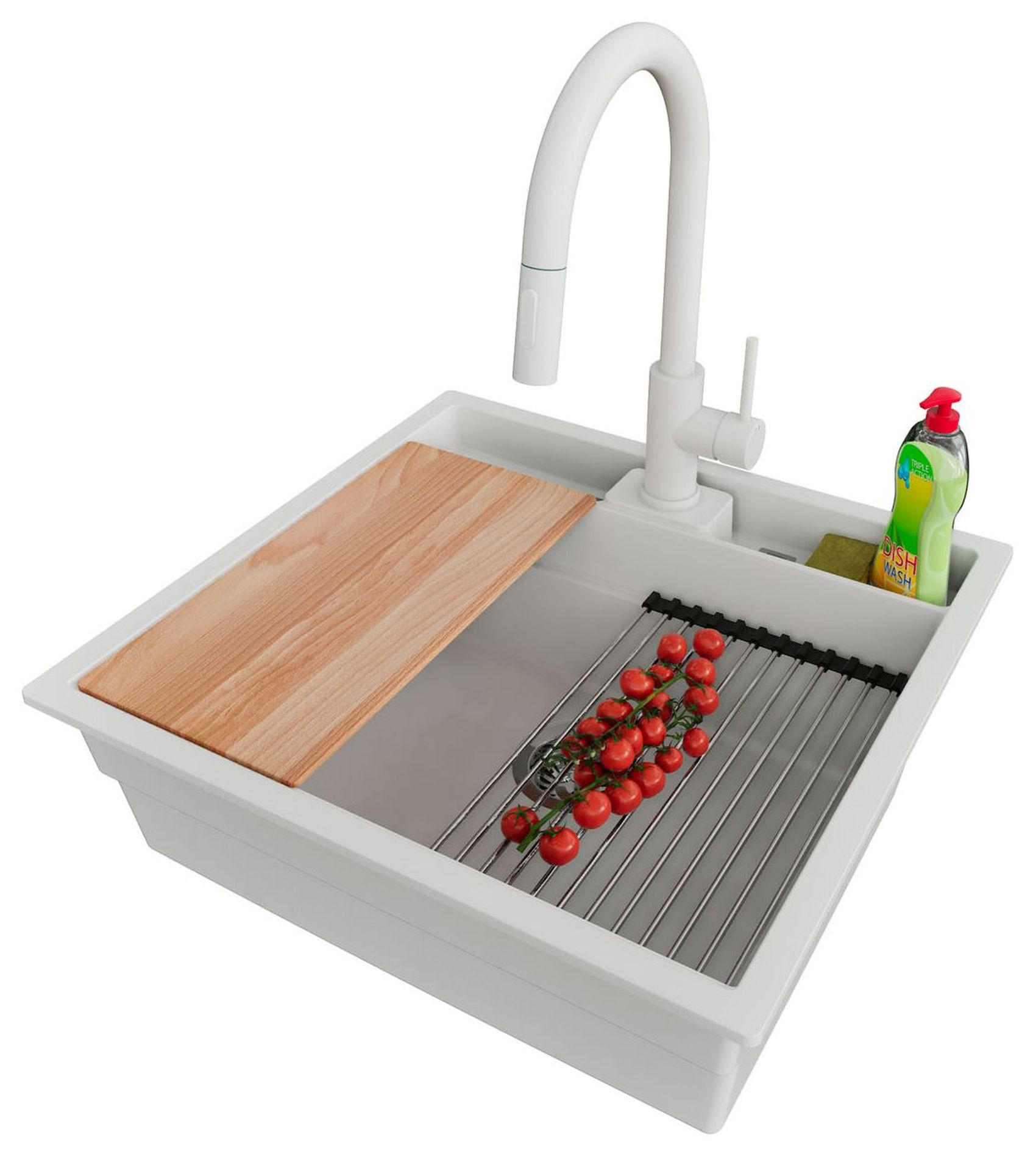 UNTERBAUSPÜLE GRANIT Bergen Pocket, 2-er set Weiß 56/54 cm 1 Becken + Küchenarmatur 40/20 cm + Ablauf-Set + Küchenzubehörset ab 60er Unterschrank - Chromfarben/Beige, Kunststoff (56/20/54cm) - Primagran