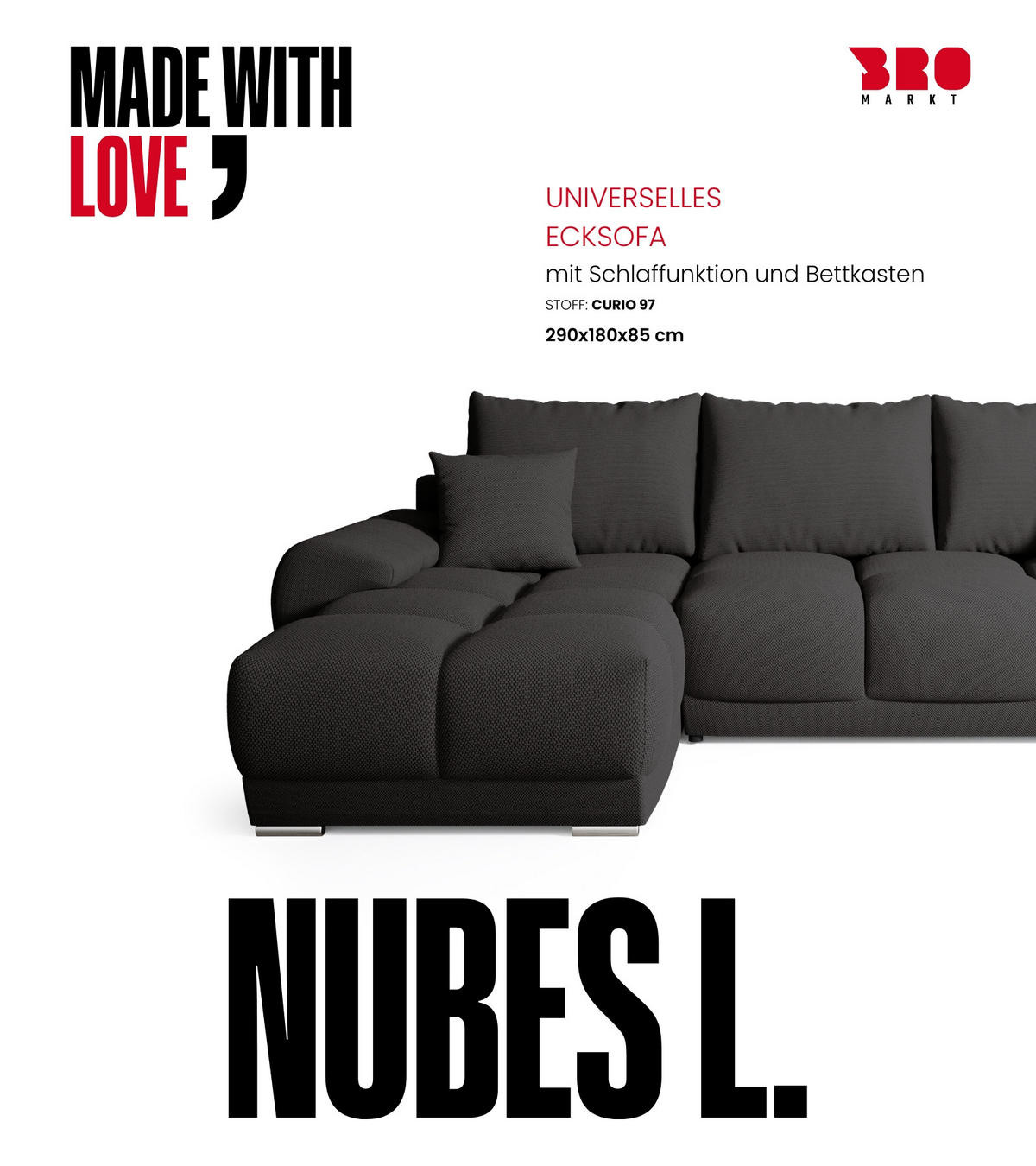 ECKSOFA Nubes mit Schlaffunktion Graphite - Anthrazit/Silberfarben, Kunststoff/Textil (290/180cm) - Bromarkt