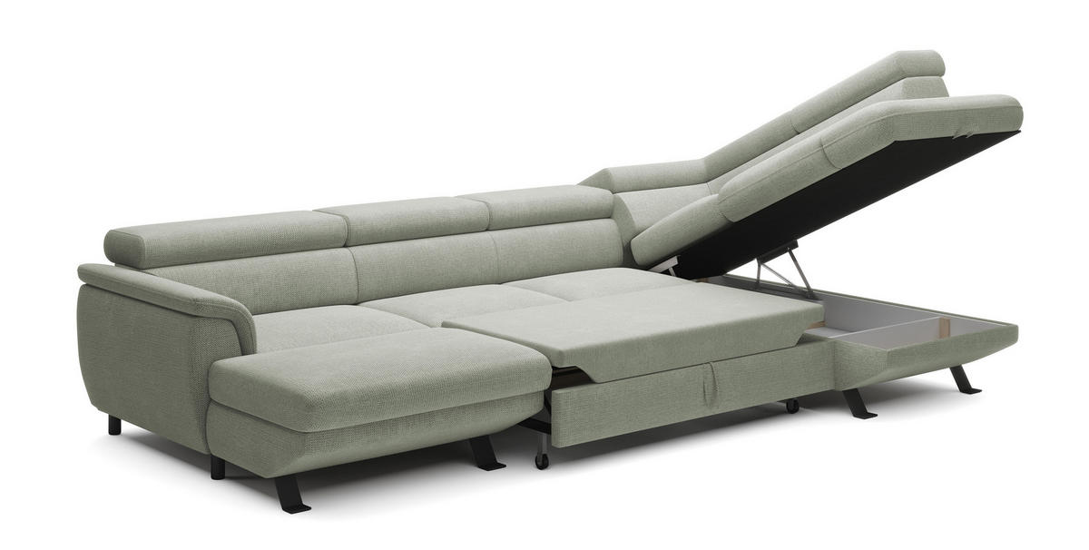 ECKSCHLAFSOFA Raven XL, Verstellbaren Kopfstützen, Bettkasten, Großes Sofa 334x198x162cm Rechte, Sand - Sandfarben, Holz/Textil (334/198cm) - DomoHome