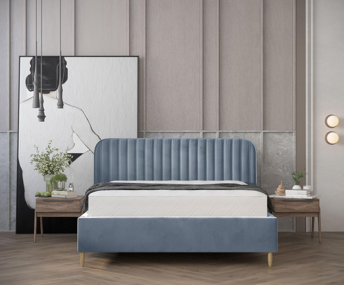 POLSTERBETT Noto Blau Grau 140/200 cm im Samtstoff - Blaugrau/Naturfarben, Holz/Holzwerkstoff (140/200cm) - Maison de Reve