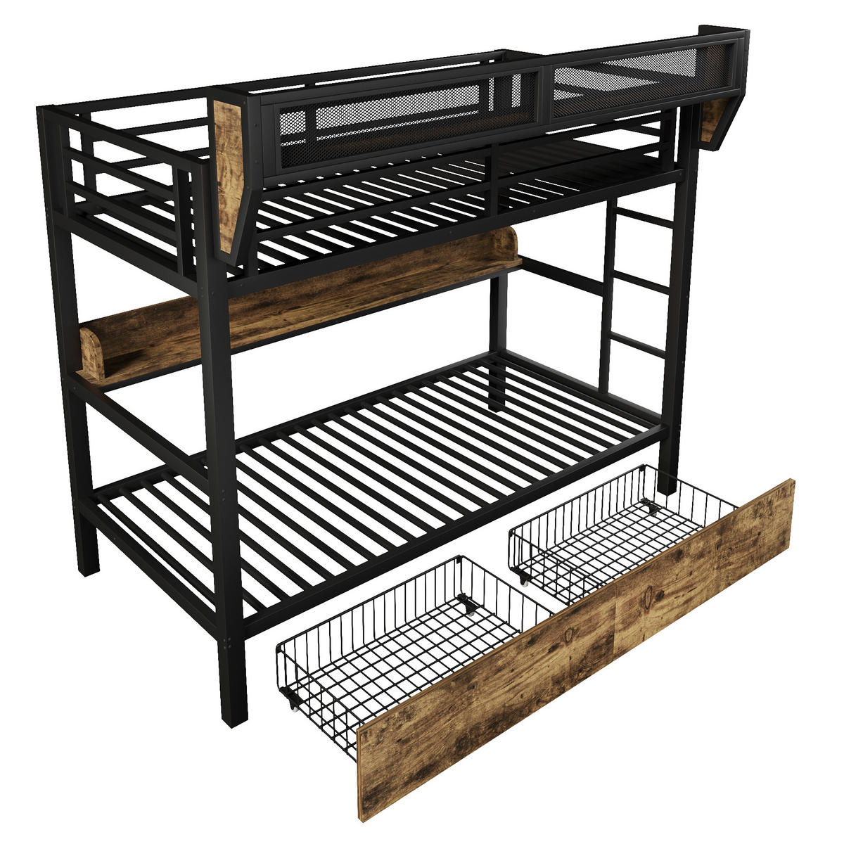 ETAGENBETT 90/200 cm in Schwarz mit LED, Ablagebord, Aufbewahrungskorb und 2 Schubladen - Schwarz, Holzwerkstoff/Metall (90/200cm) - WISHDOR