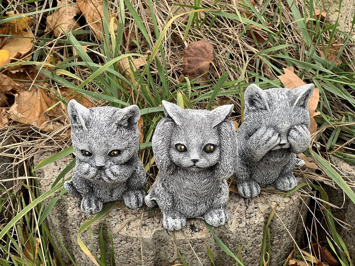 STONEANDSTYLE Steinfigur 3er Set Kätzchen Katzen Nichts sehen Nichts hören Nichts Sagen wetterfest - Grau, Stein (7/12/9cm) - stoneandstyle