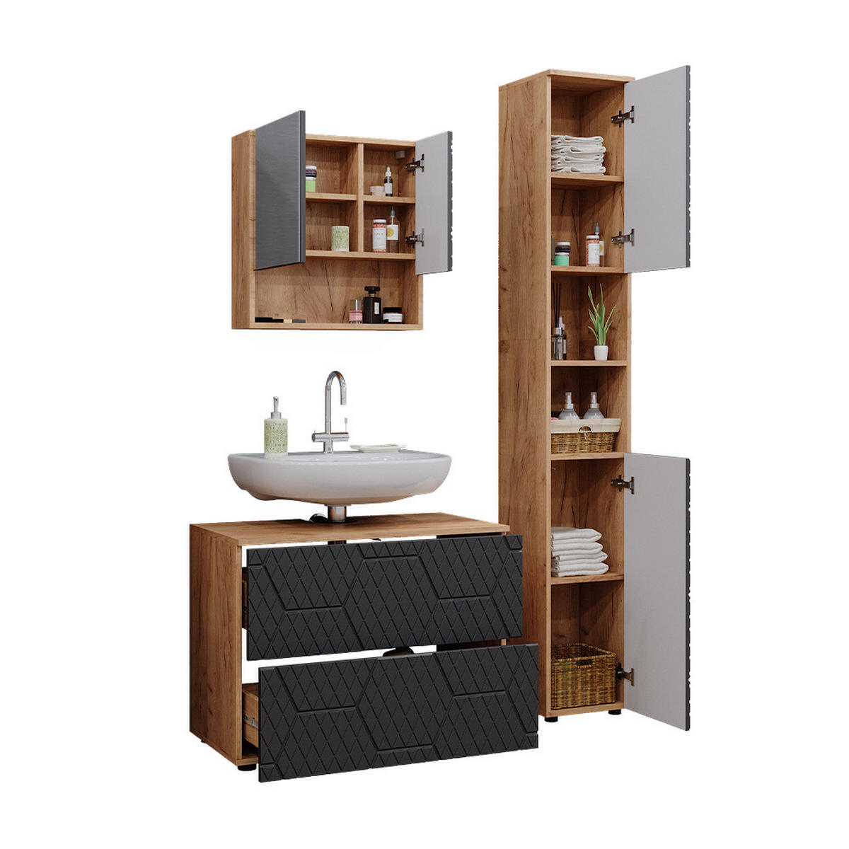 BADMÖBEL-SET Irma Anthrazit gestreift 3 Teile - Honigeiche/Anthrazit, Holzwerkstoff (80/58.6/41cm) - Vicco