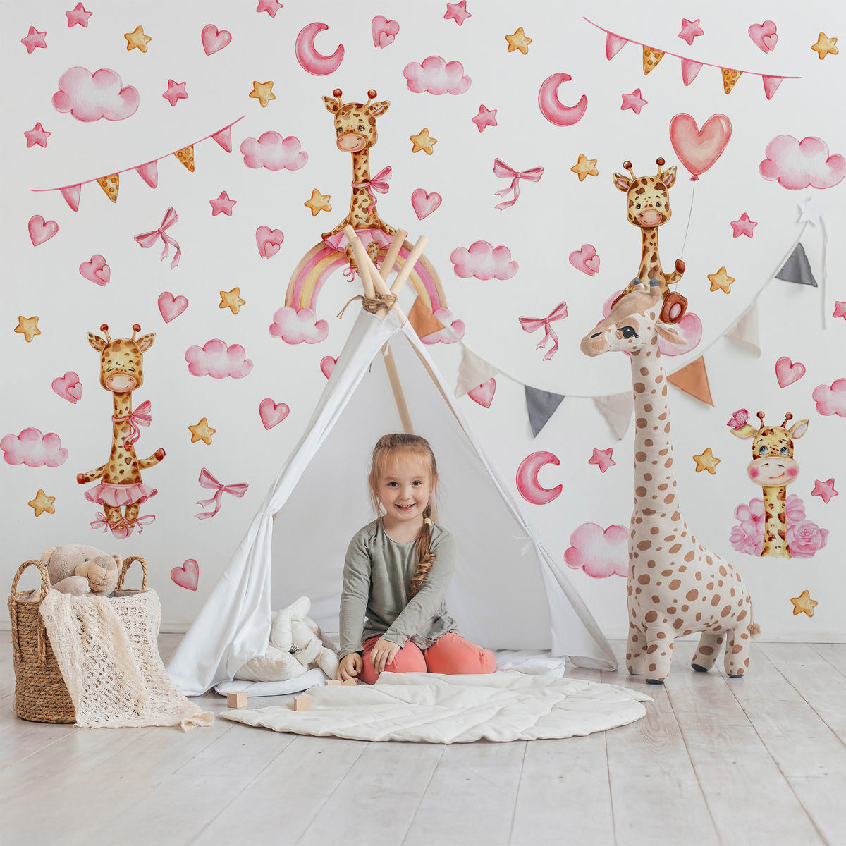 STICKER SET für Kinder Giraffen rosa Wolken Monde Sterne 60x30 - Gelb/Beige, Papier (60/30/1cm) - Muralo