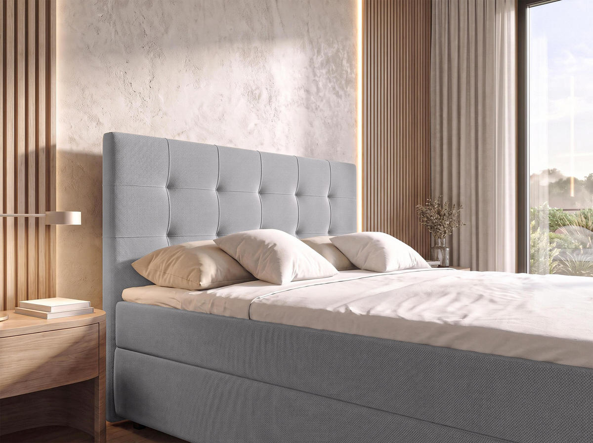 BOXBETT SAKARYA 160x200 cm mit Bettkasten und Matratze - Hellgrau + TOPPER - Hellgrau/Schwarz, Holz/Holzwerkstoff (160/200cm) - AX Living