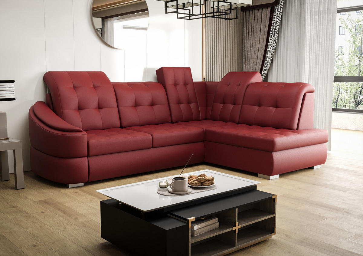 ECKSOFA KONGO RBN09, Eckcouch in L-Form mit Schlaffunktion, Farbe: Rot, Kunstleder, Ottomane Rechts - Rot, Textil (260/180cm) - O-Sofa