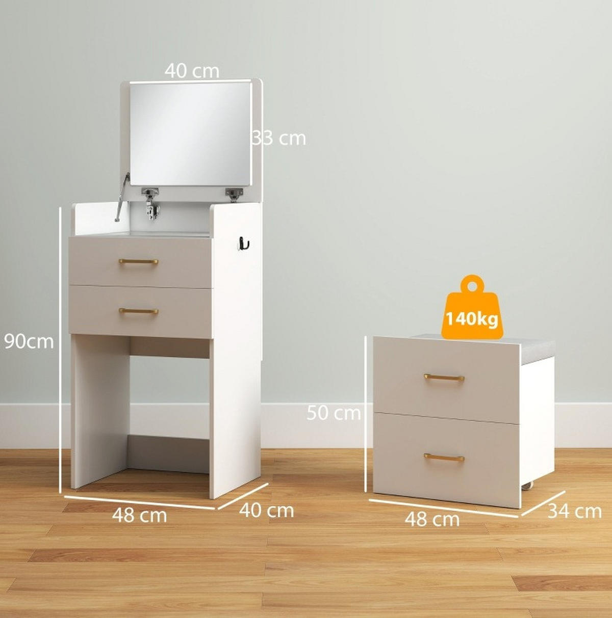 SCHMINKTISCH 48/40/90 cm in Weiß, 3-in-1 mit Spiegel und Rollhocker - Weiß, Holzwerkstoff (40/90/48cm) - Flora Grace