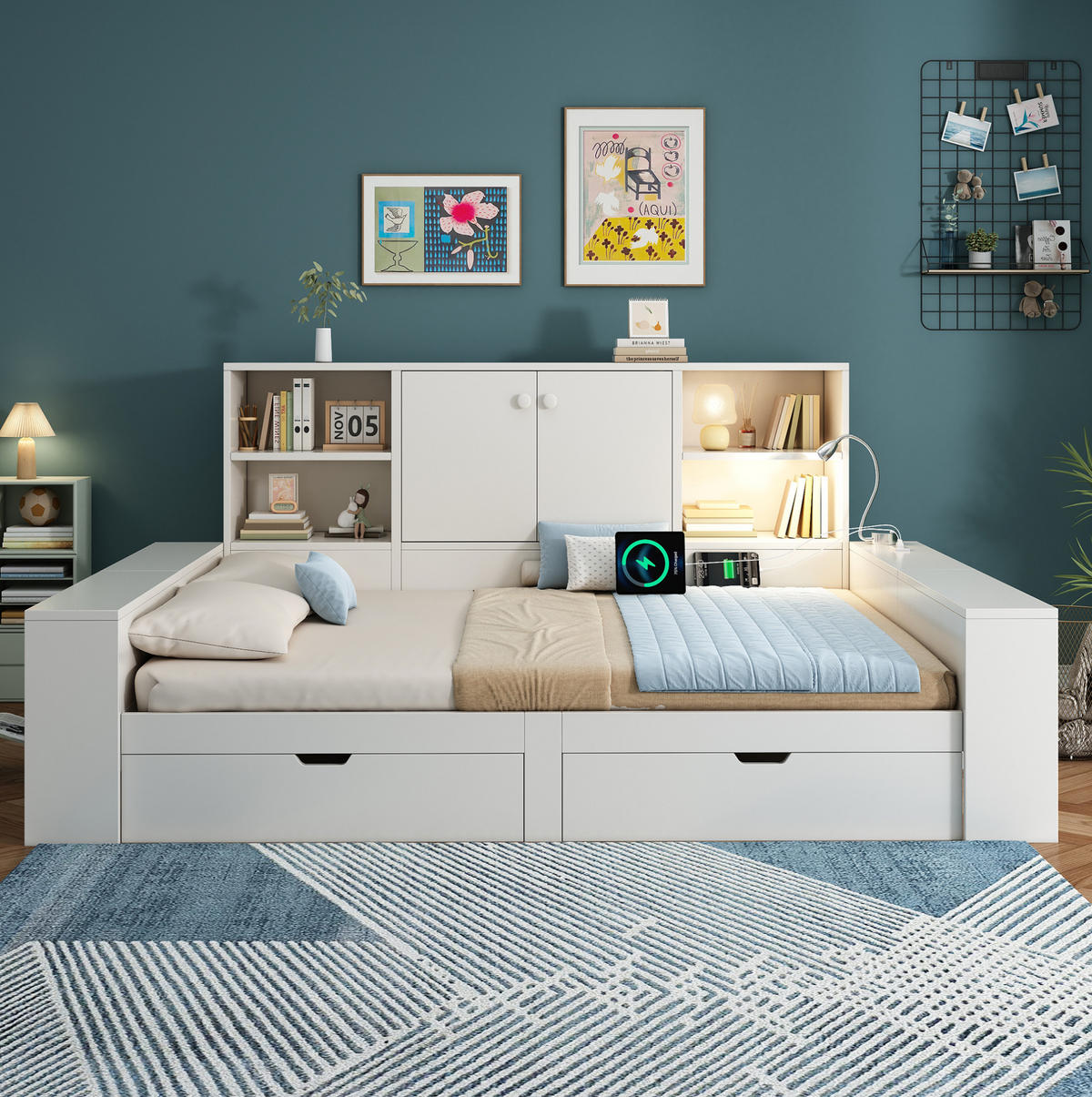 TAGESBETT aus Holzwerkstoff 140x200 cm Weiß mit Schubladen, Stauraum und USB-/USB-C-Anschlüssen - Weiß, Holzwerkstoff (140/200cm) - IVMEU