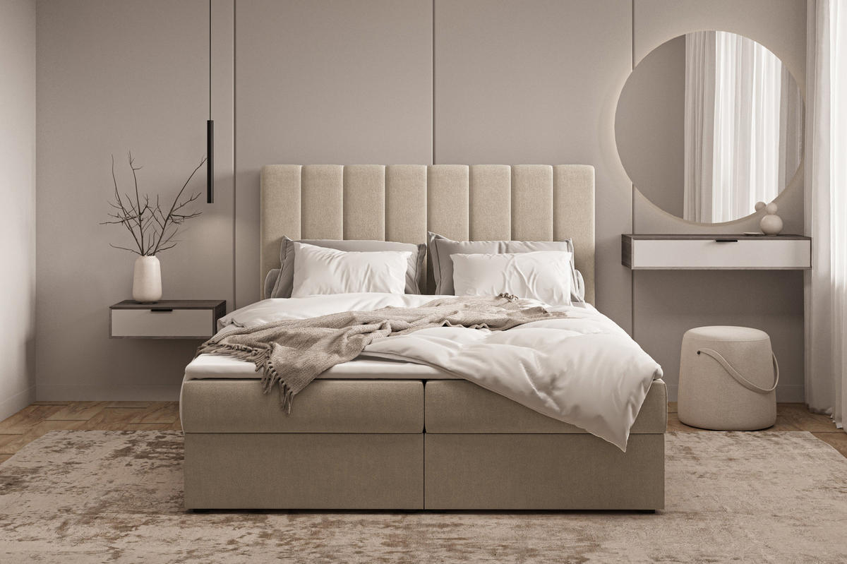 BOXBETT 01 140 x 200 cm - Manila – Stilvoll und bequem Mit Bettkasten, PU-Topper, Federmechanismus, waschbarer Bezug - Beige, Holz (140/200cm) - ROYAL24_MARKT