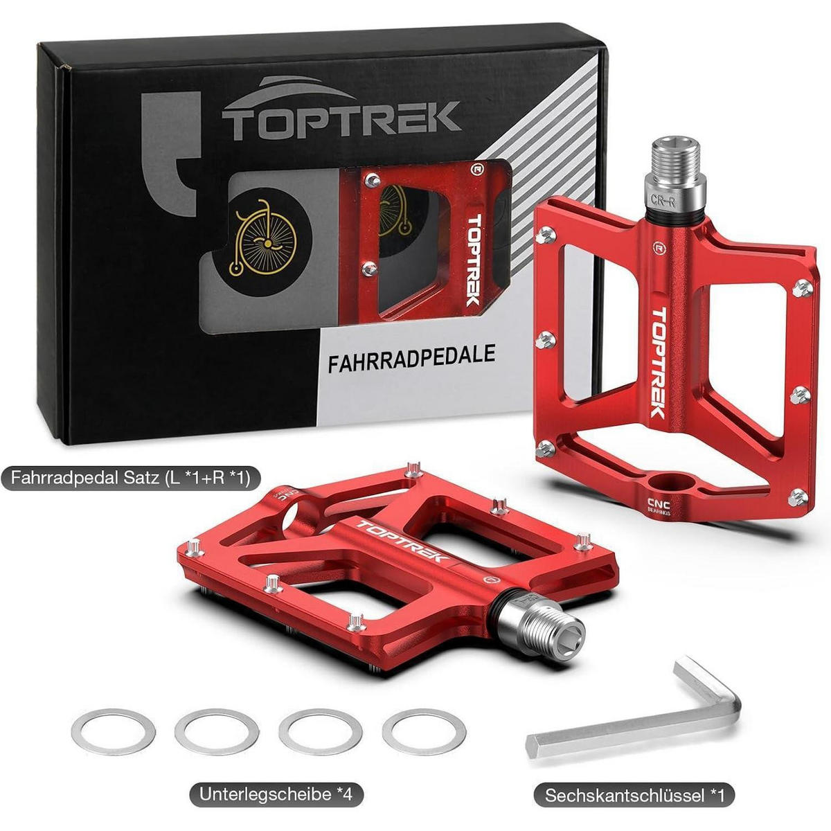 FAHRRADPEDALE Set CNC Aluminium Rot 9/16 Zoll - Rot, Metall (10.2/1.5/12.5cm)