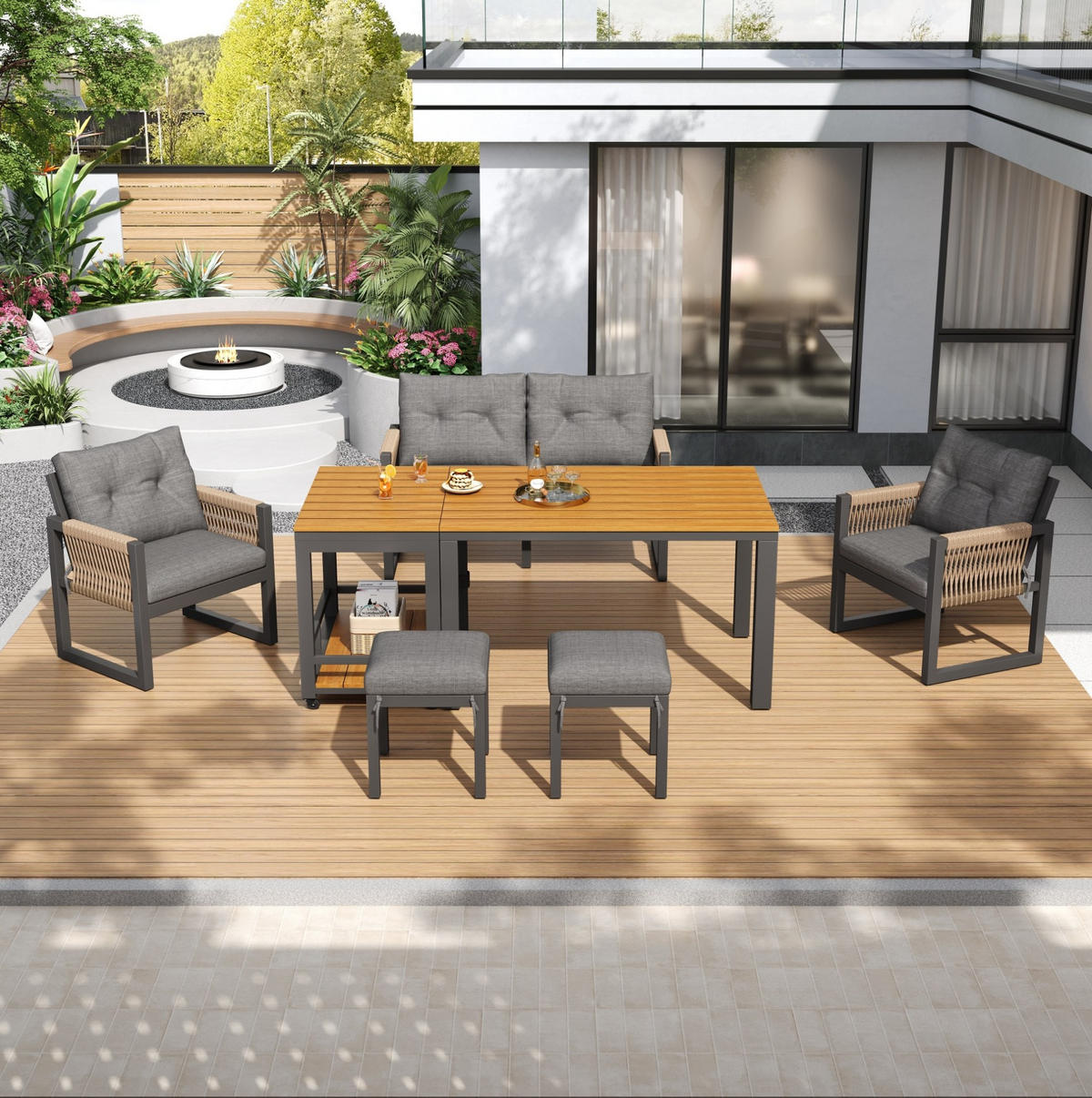 GARTENMÖBEL-SET 6-tlg. mit abnehmbarem Tisch Grau/Natur - Grau, Holz - Beauniv