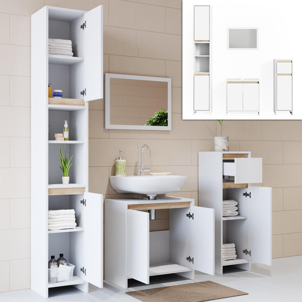 BADMÖBEL-SET Emma Weiß/Sonoma 4 Teile - Weiß/Sonoma Eiche, Holzwerkstoff (58/60/33cm) - Vicco