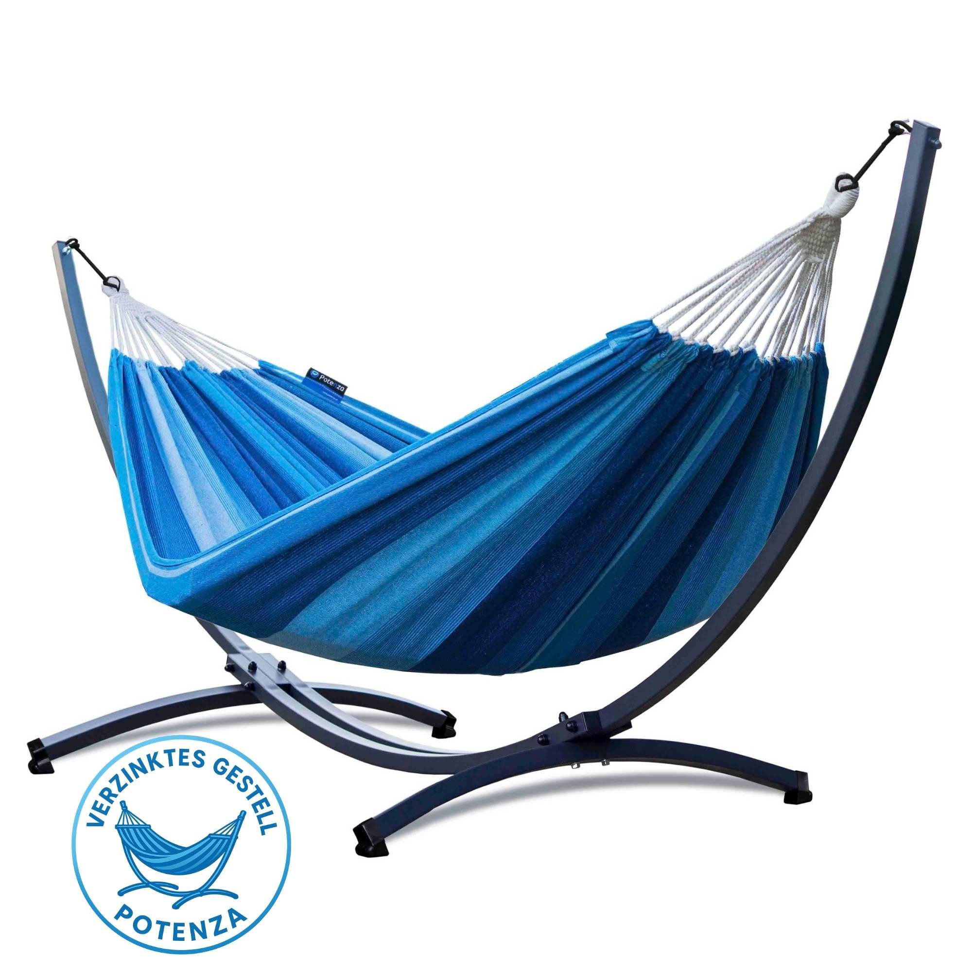 HÄNGEMATTE mit Verzinktem Gestell, 2 Personen, XXL, 200 kg, Metall, Blau, einfache Montage - Blau, Metall (370/130/120cm) - Potenza