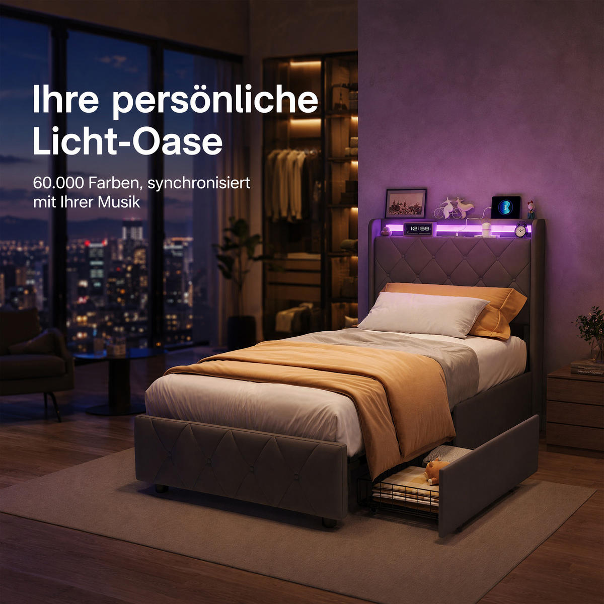 POLSTERBETT, LED-Beleuchtung Einzelbett 90x200cm mit Ladefunktion und 2 Schubladen, Samt, grau - Grau, Holz/Holzwerkstoff (90/200cm) - GENKI LIVING