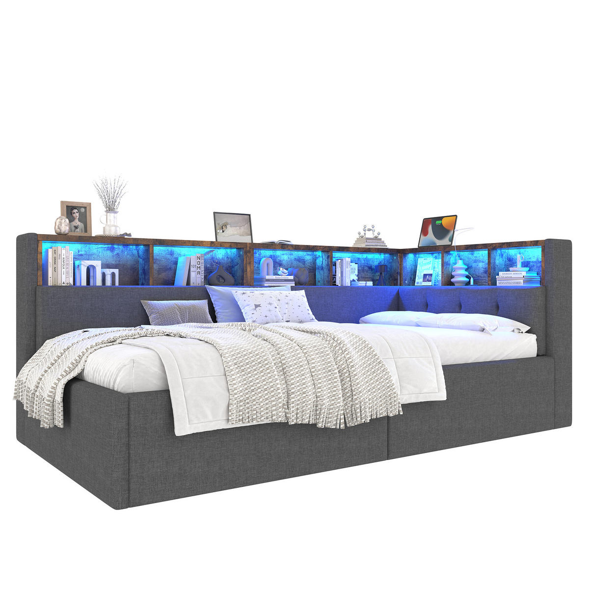 POLSTERBETT 90/200 cm mit LED-Beleuchtung, USB- und Typ-C-Anschlüssen, hydraulischem Stauraum, aus Leinen, Grau - Grau, Textil (90/200cm) - Redom