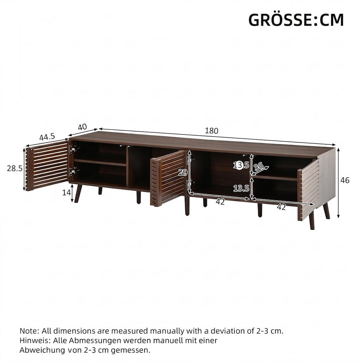 TV-SCHRANK 180/40/46 cm Walnussholzfarbe mit 4 Türen und Kabeldurchführung - Nussbaumfarben, Holzwerkstoff (180/46/40cm) - Oxeza