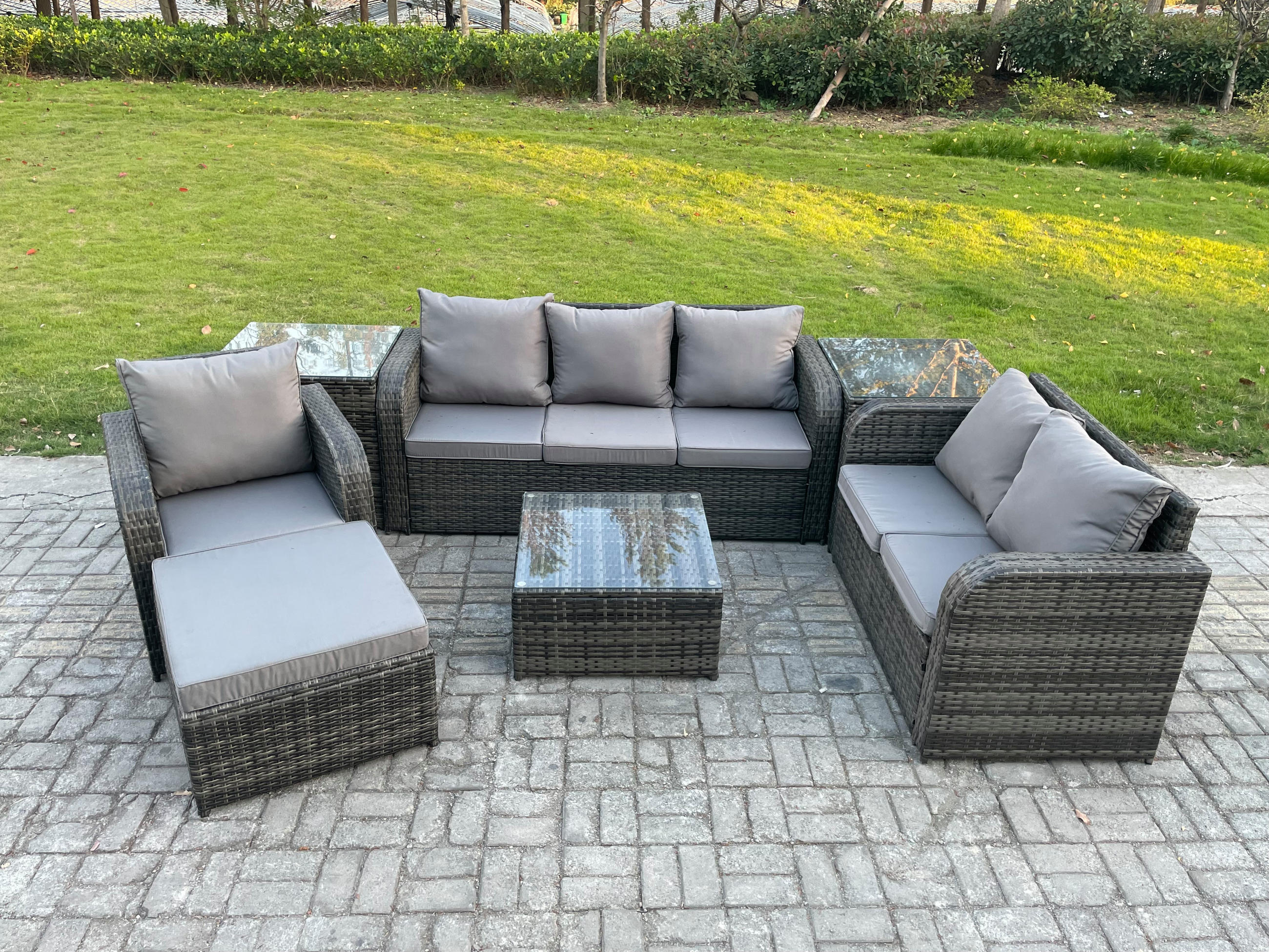 GARTENTISCHGRUPPE Polyrattan Dunkelgrau 7-teilige - Dunkelgrau/Grau, Glas/Kunststoff - Fimous