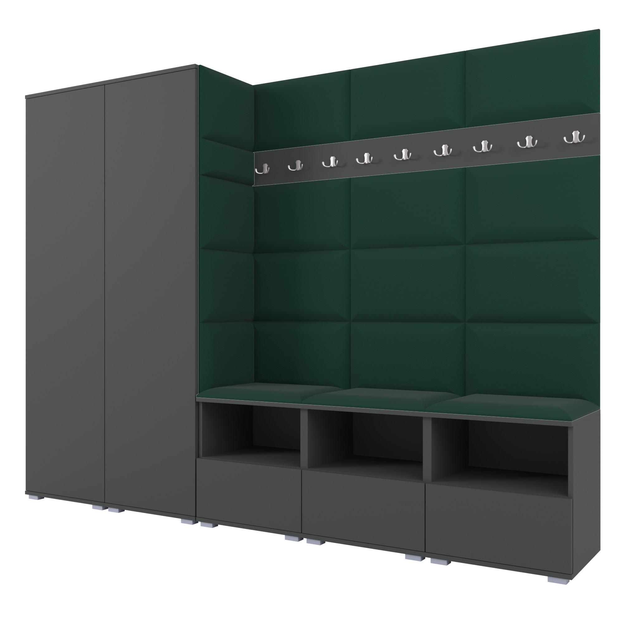 GARDEROBE NELA VII 250 cm (Modulare Flurmöbel XL Graphit mit Sitzpolster Flaschengrün 28 2 Schränke) - Dunkelgrün/Silberfarben, Holz/Holzwerkstoff (250/187/40cm) - Ravio