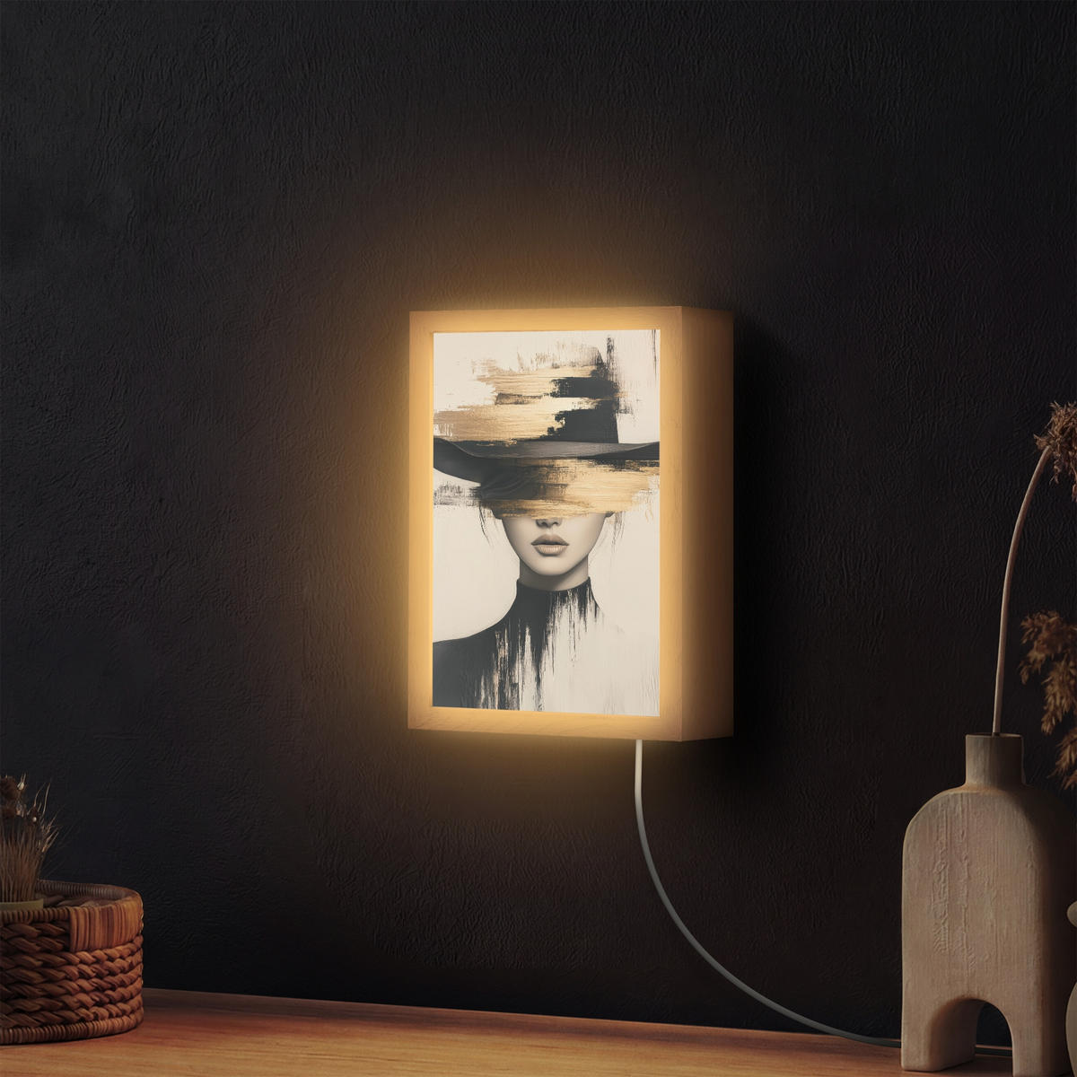 NÁSTĚNNÁ LAMPA Žena - klobouk - barva 20x30 cm - krémová, kompozitní dřevo (20/30/8cm) - OnlyWow