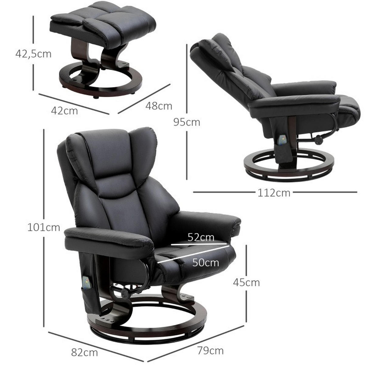 RELAXAČNÍ křeslo 79/82/101 cm černé z lepené kůže s masáží podnožkou a polohováním - černá, plast (82/101/79cm) - OKWISH
