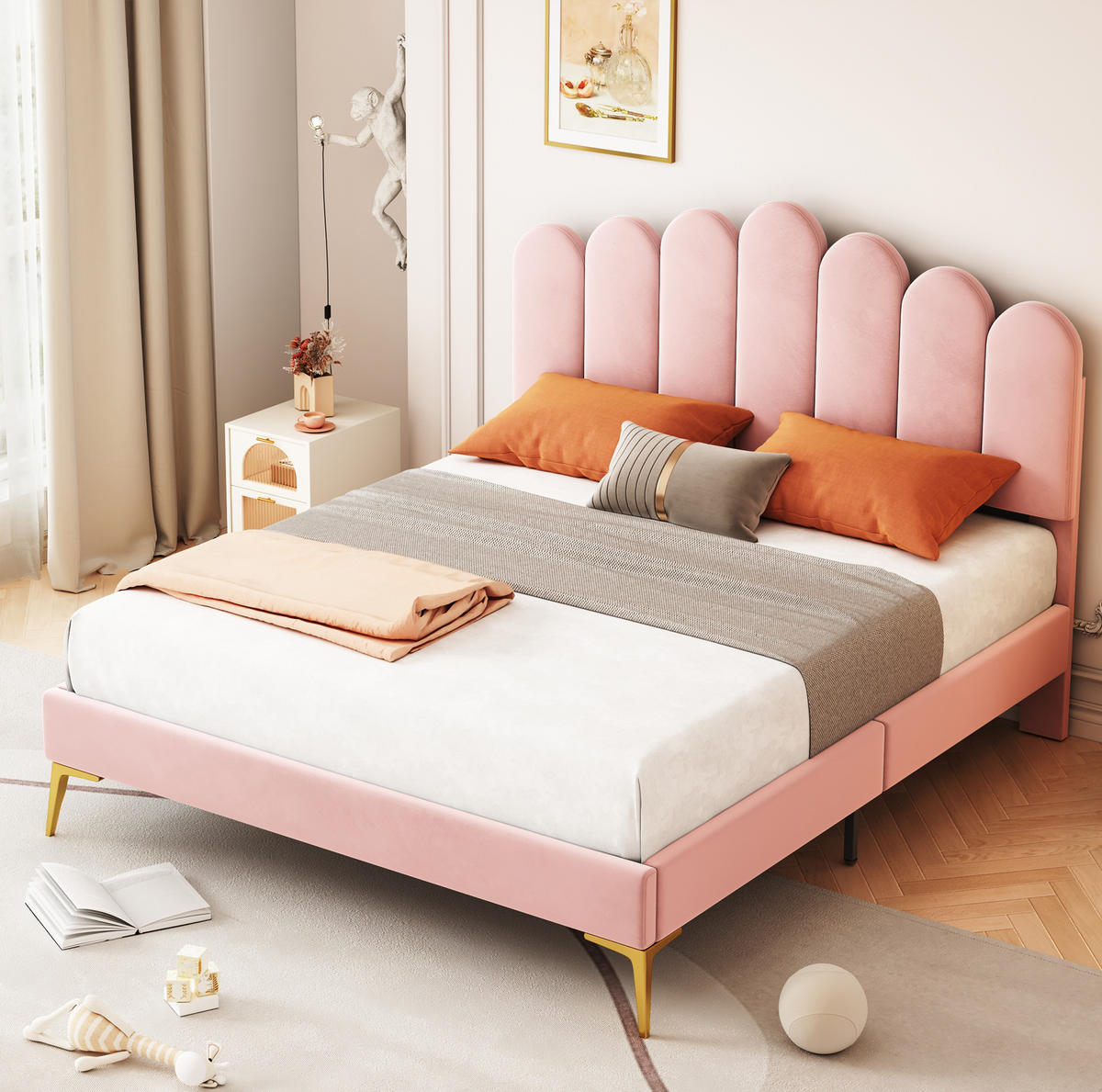POLSTERBETT aus Samt 140x200 cm Pink mit verstellbarem Kopfteil, Lattenrost und Metallfüßen - Rosa, Textil (140/200cm) - Modfu