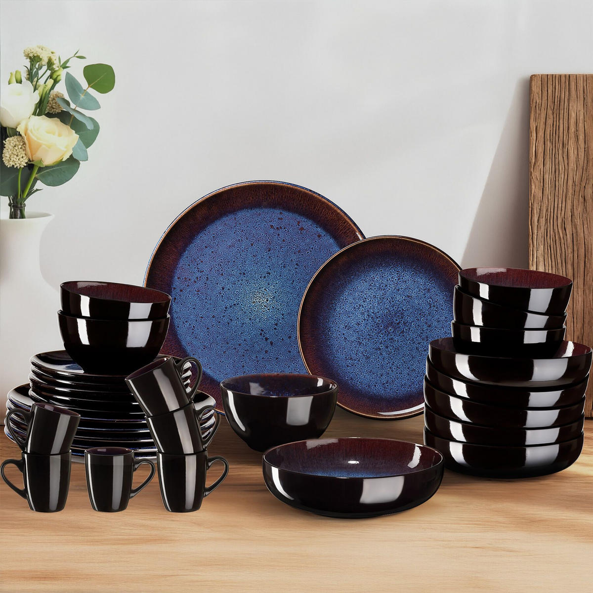 KOMBISERVICE Mare, ineinander stapelbar, blau/braun - Blau, Keramik (26.5/2.5/26.5cm) - tectake