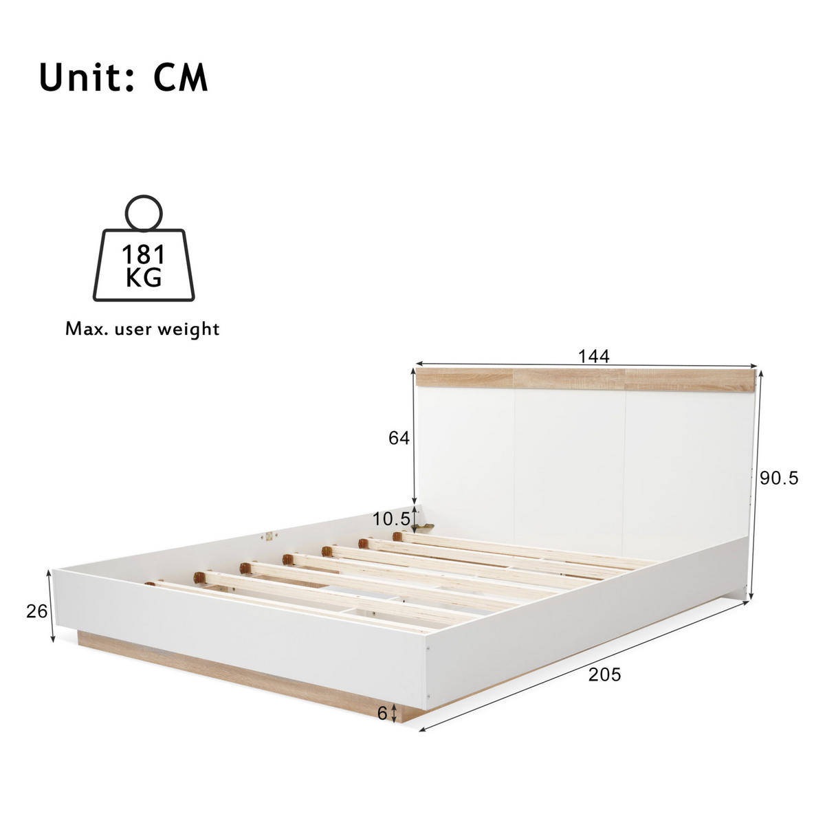 DOPPELBETT 140/200 cm mit Lattenrost in Schwebeoptik und hohem Kopfteil, werkstoff Sonoma-Eiche/Weiß - Weiß, Holzwerkstoff (140/200cm) - Redom