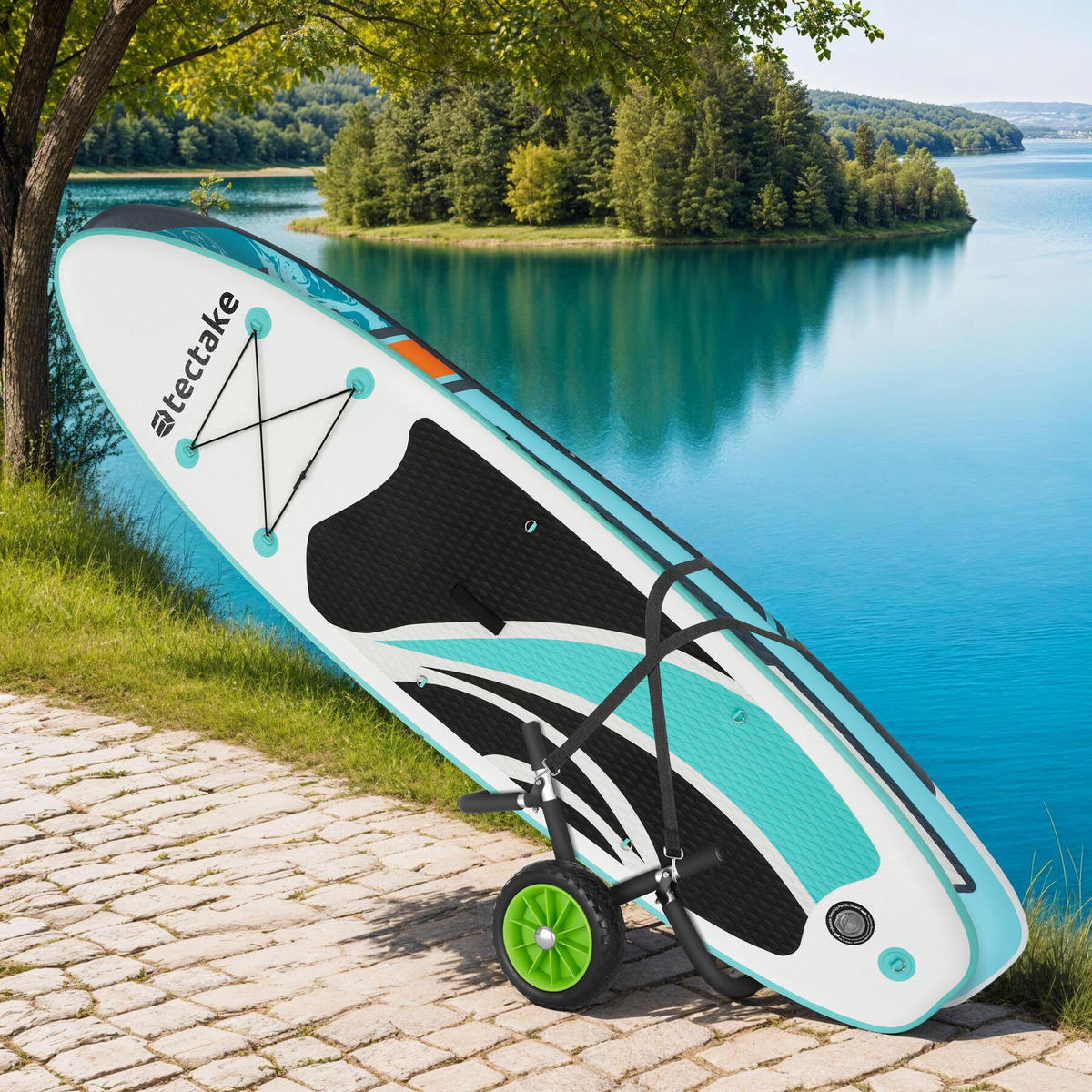 SURFBOARD TRANSPORTWAGEN Wavewheel,inkl. 2 Sicherungsgurte, 62 x 53 x 49 cm,schwarz/grün - Schwarz/Grün, Metall (53/62/0.49cm) - tectake