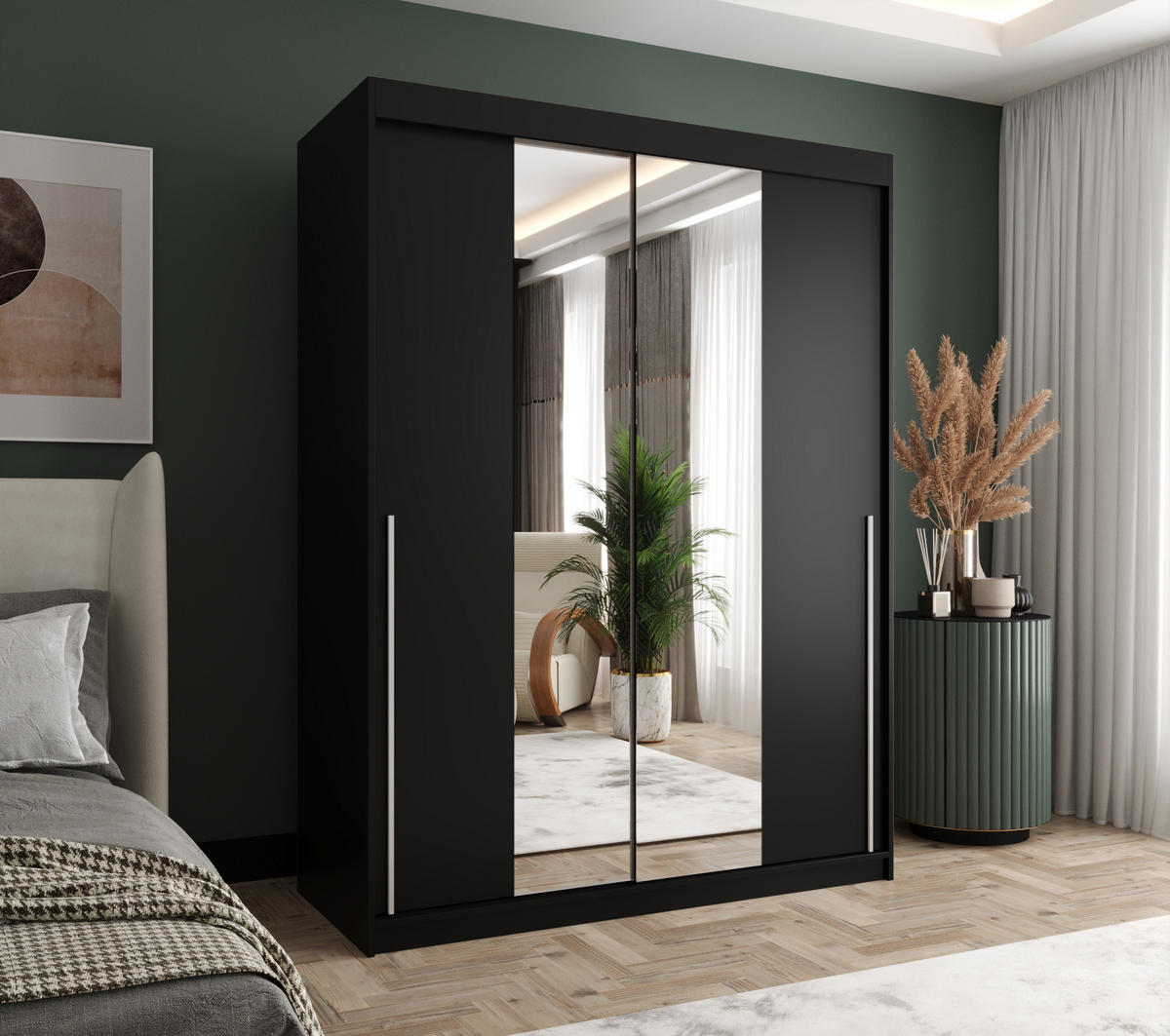 SCHIEBETÜRENSCHRANK mit Spiegel 150 cm Breite, schwarz mit silbernem Griff - Silberfarben/Schwarz, Holzwerkstoff (150/200/62cm) - Home Collective
