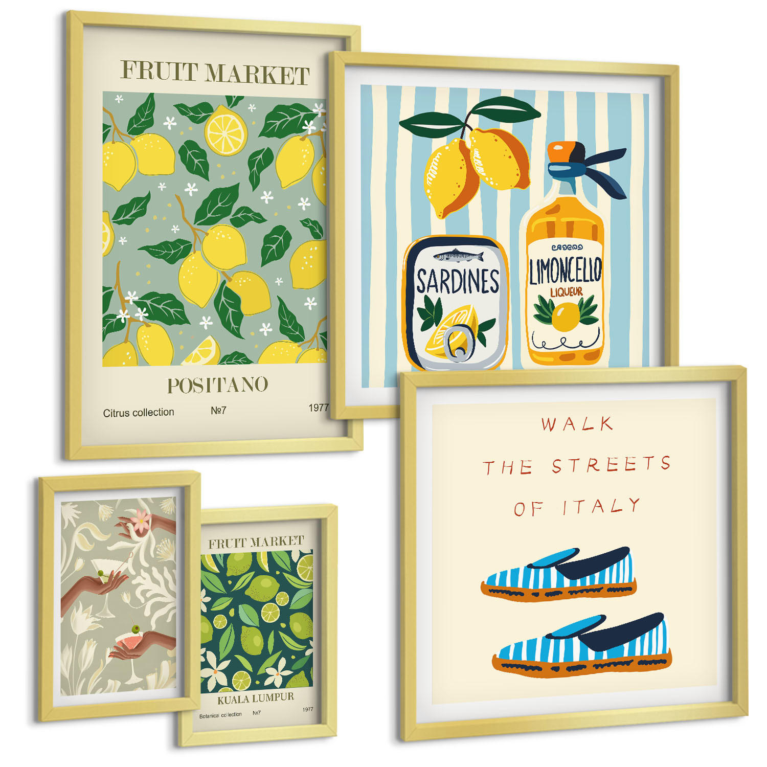 BILDER SET 5er Set - 50x50 cm & 20x30 cm & 40x60 cm Goldrahmen - Zitrusfrüchte der italienischen Tropen - Goldfarben, Kunststoff (40/60cm) - TULUP