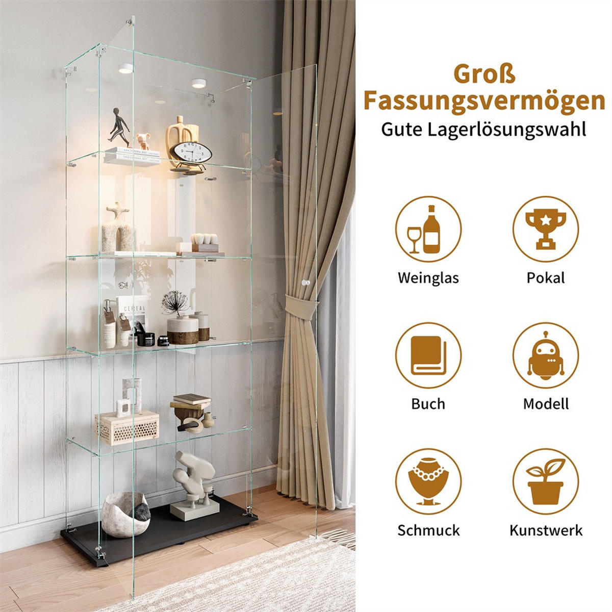 VITRINE - Glasvitrine mit 2 Türen und 5 Ebenen - integrierte LED-Beleuchtung - Schwarzer Holzboden - Schwarz, Glas (80.6/183/36.5cm) - DELFA