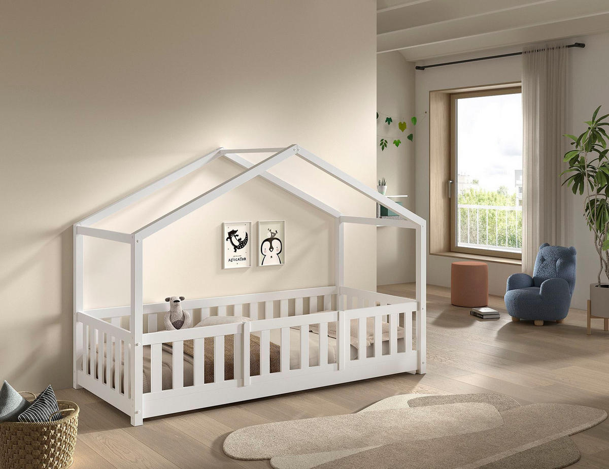 HAUSBETT Kapua 90x200 mit Rausfallschutz Kiefer Massivholz weiß - Weiß, Holz (90/200cm) - 58aufmkessel