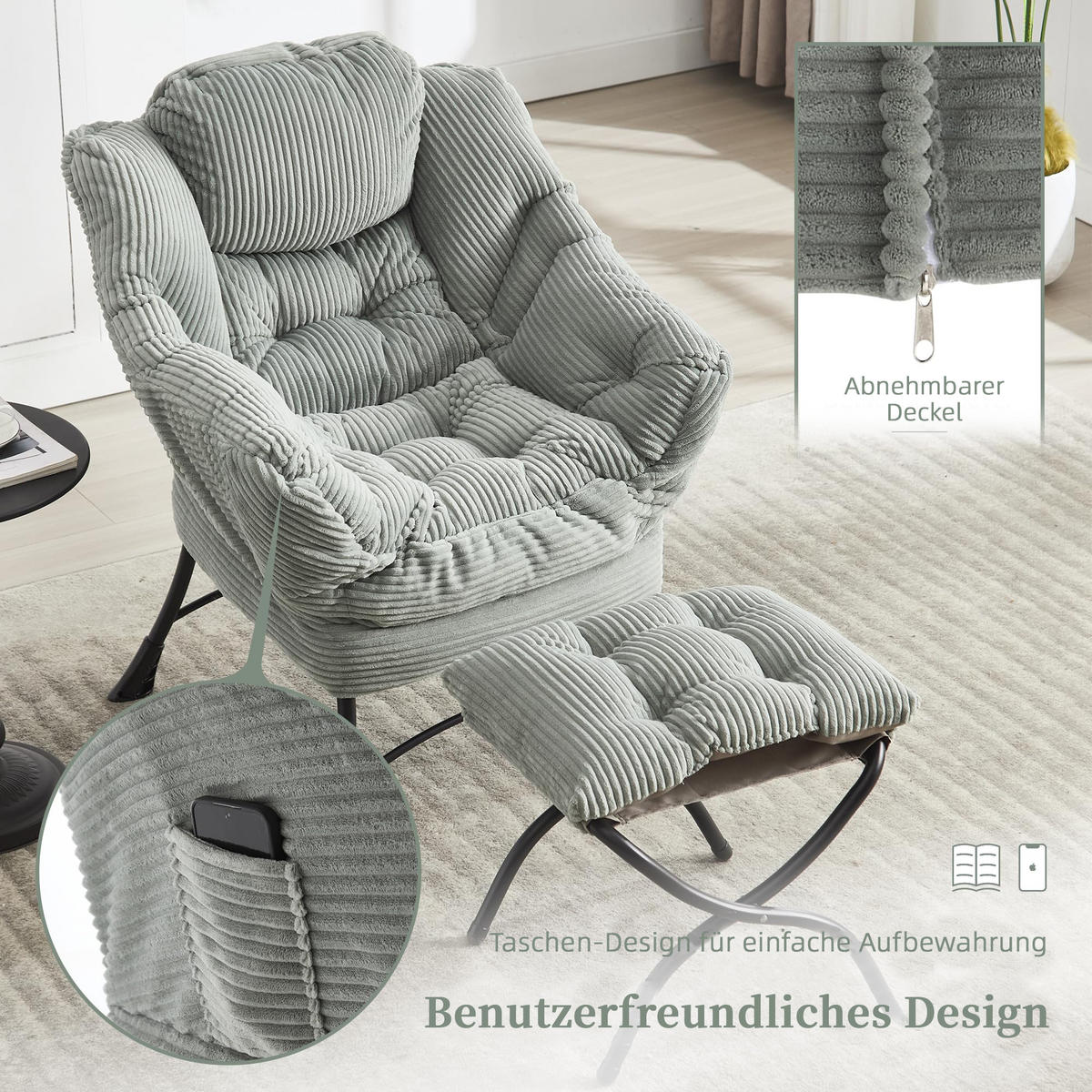 LOUNGESESSEL Relaxsessel mit Hocker,dicke Polsterung,Hellgrün - Hellgrün, Metall (70/95/64cm) - LVHOM
